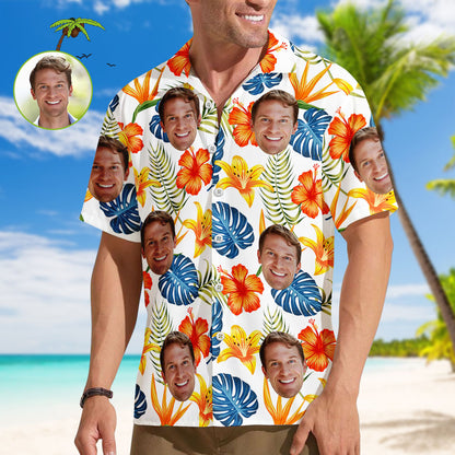 Benutzerdefinierte Gesicht Shirts Herren Hawaiihemden mit Allover-Druck bunten Blumen und Blättern für Freund oder Ehemann