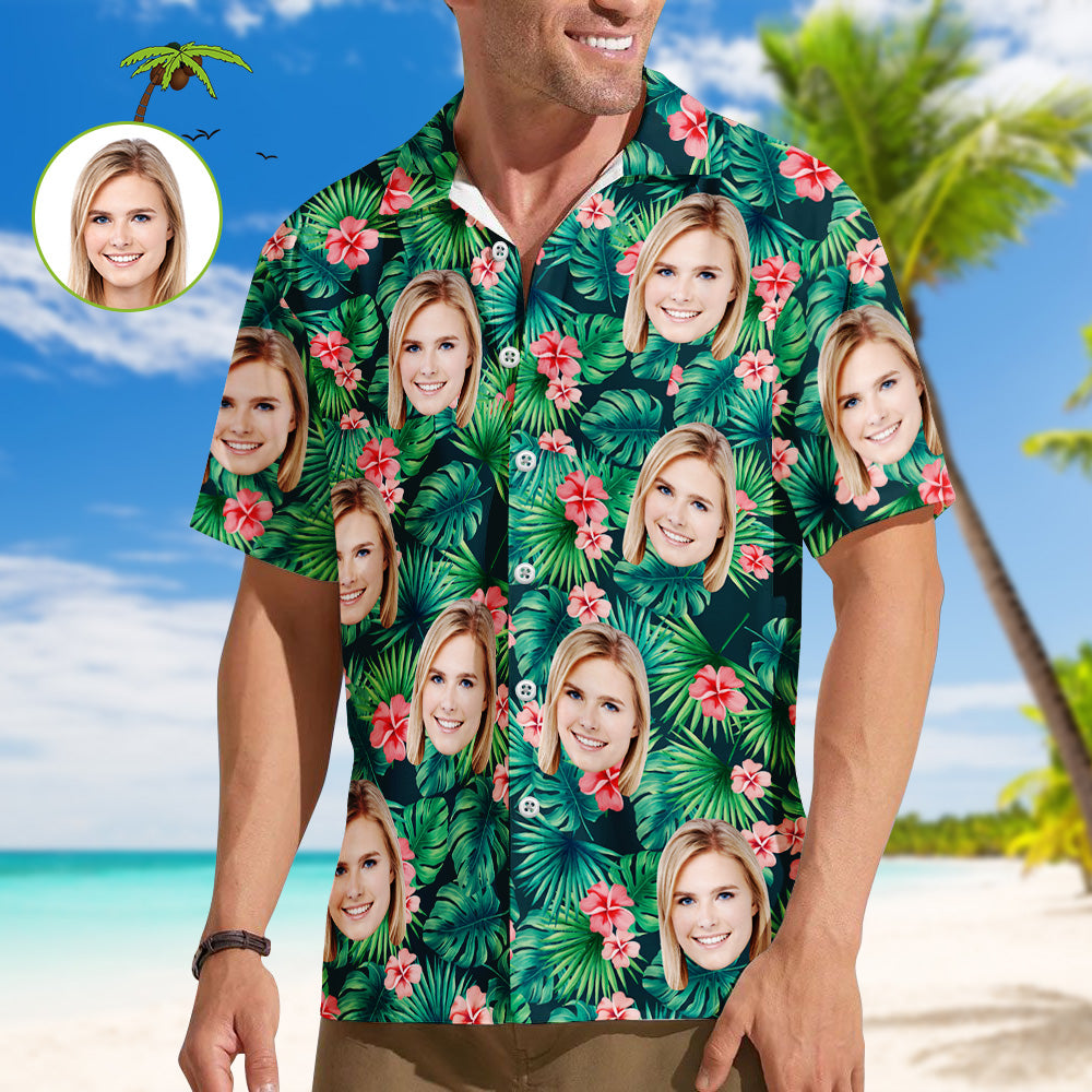 Custom Face Shirt Herren Hawaiihemd Rote Blumen