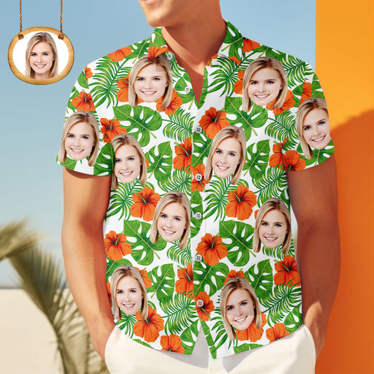 Benutzerdefinierte Hawaiian Shirt für Männer Personalisierte Kurzarm Shirt mit Bild Gesicht Foto gedruckt Hawaii Shirt Orange Blume