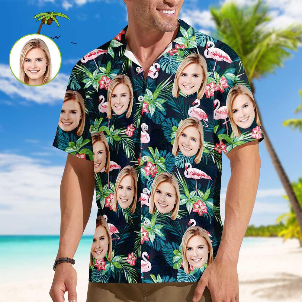 Custom Face Shirt Herren Hawaiihemd Flamingo Blume