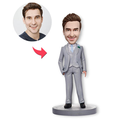 Benutzerdefinierter Bobblehead, personalisierter Geschäftsmann im grauen Anzug mit Bobblehead