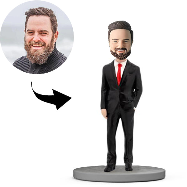 Personalisierter Bobblehead-Boss mit schwarzem Anzug und roter Krawatte – Vatertagsgeschenke