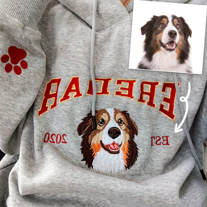 Individuell besticktes Benutzerdefinierter Hunde-Kapuzenpullover, bestickter Hundename, personalisiertes Haustier-Gesichts-Sweatshirt von Ihrem Foto, Kapuzenpullover im Varsity-Stil, Geschenke für Hundeliebhaber