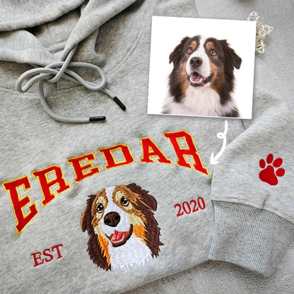 Individuell besticktes Benutzerdefinierter Hunde-Kapuzenpullover, bestickter Hundename, personalisiertes Haustier-Gesichts-Sweatshirt von Ihrem Foto, Kapuzenpullover im Varsity-Stil, Geschenke für Hundeliebhaber