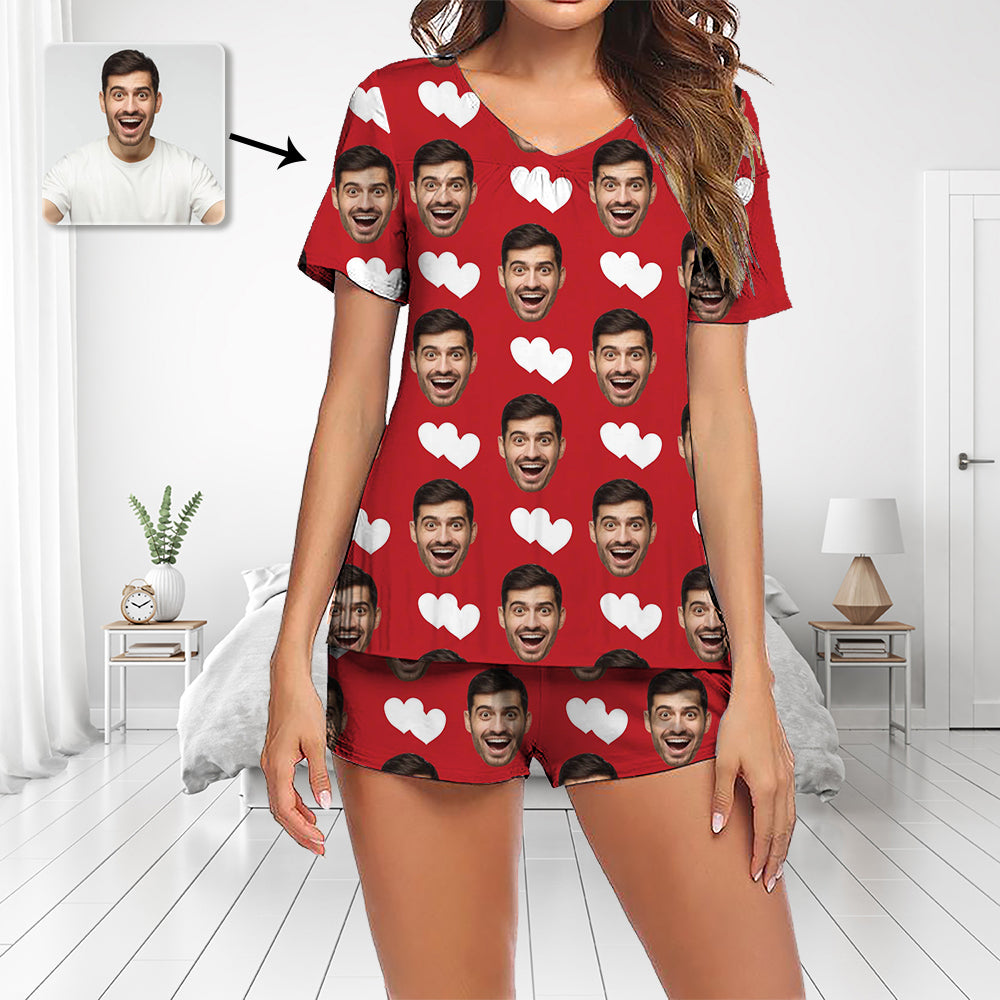 Benutzerdefinierte Foto Pyjamas Set Kurzarm V-Ausschnitt Pyjama Damen Shorts Pyjama Set Nachtwäsche Nachtwäsche Herz Ich liebe dich