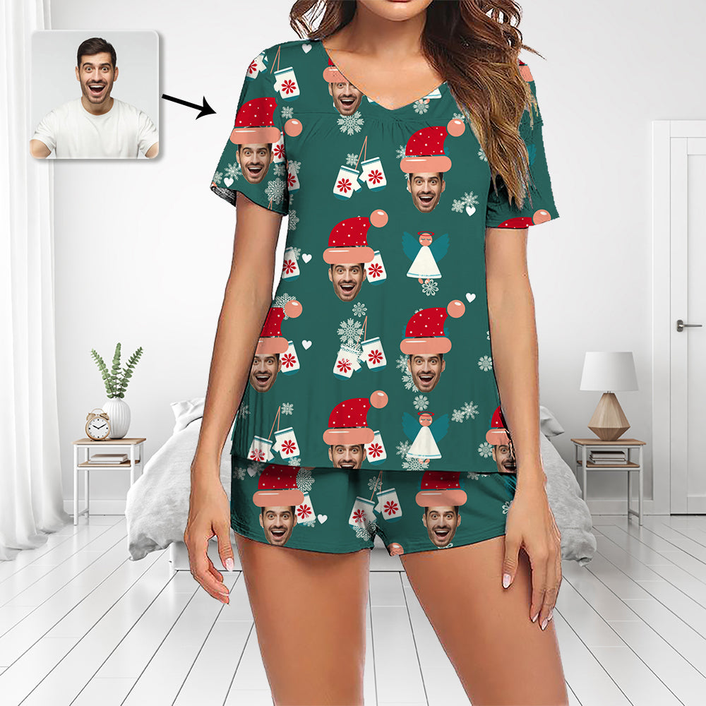 Benutzerdefinierte Foto Pyjamas Set Kurzarm V-Ausschnitt Pyjama Damen Shorts Pyjama Set Nachtwäsche Nachtwäsche Hut und Schneeflocke