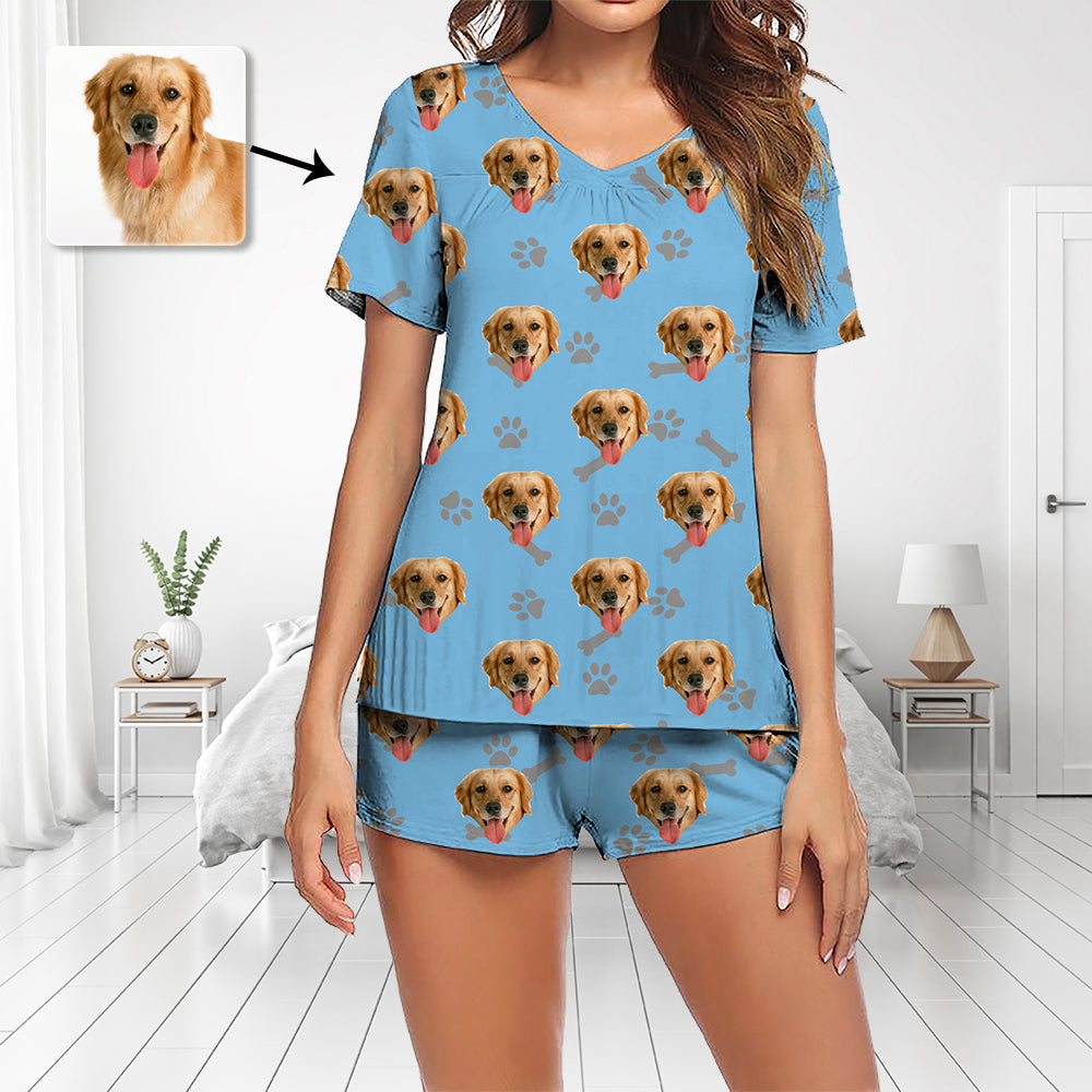 Haustier-Pyjama individuelles Foto-Pyjama-Set kurzärmeliger Pyjama mit V-Ausschnitt Damen-Shorts Pyjama-Set Nachtwäsche Hunde-Fußabdruck Muttertagsgeschenke