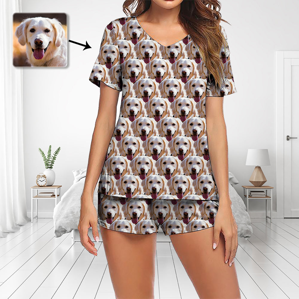 Benutzerdefinierte Foto Pyjamas Set Kurzarm V-Ausschnitt Pyjama Damen Shorts Pyjama Set Nachtwäsche Nachtwäsche Mash Dog Face