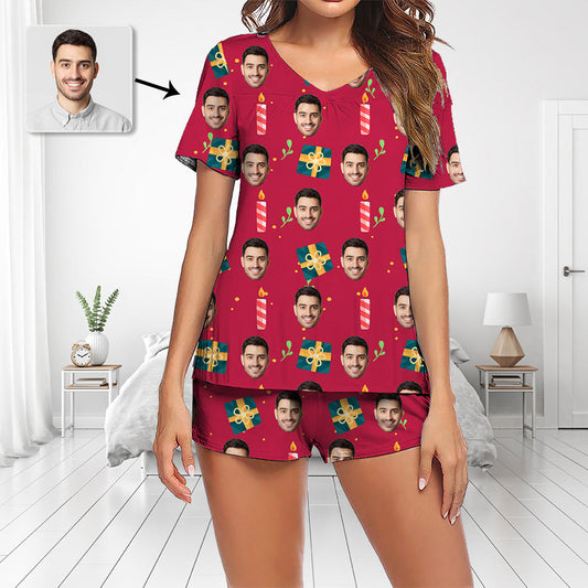 Benutzerdefinierte Foto Pyjamas Set Kurzarm V-Ausschnitt Pyjama Damen Shorts Pyjama Set Nachtwäsche Nachtwäsche Weihnachtsgeschenk für Sie