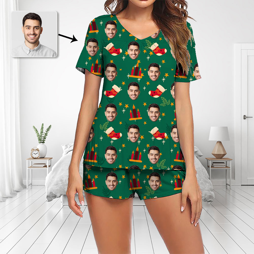 Benutzerdefinierte Foto Pyjama Set Kurzarm V-Ausschnitt Pyjama Damen Shorts Pyjama Set Nachtwäsche Nachtwäsche Weihnachtskerze