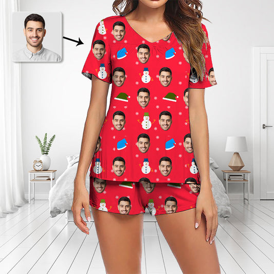 Benutzerdefinierte Foto Pyjamas Set Kurzarm V-Ausschnitt Pyjama Damen Shorts Pyjama Set Nachtwäsche Nachtwäsche Schneemann und Weihnachtsmütze