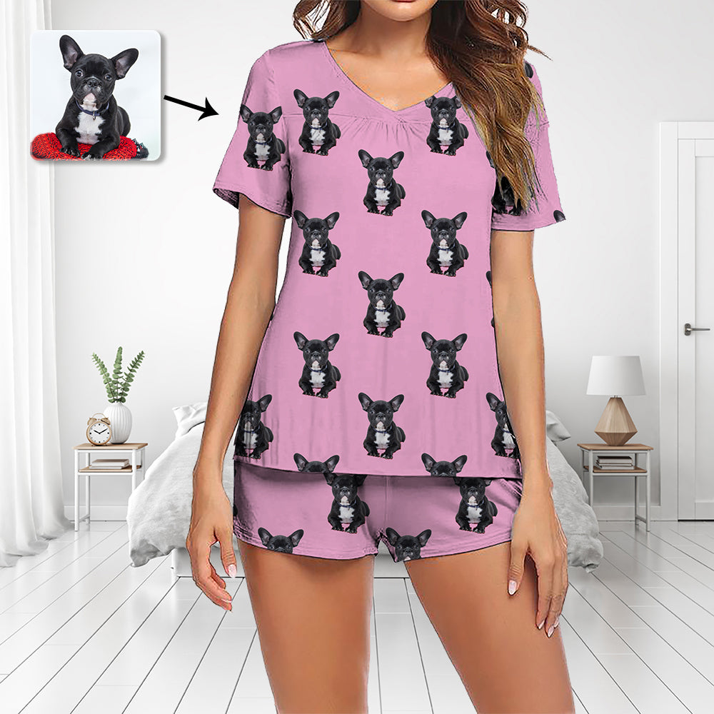 Benutzerdefinierte Foto Pyjamas Set Kurzarm V-Ausschnitt Pyjama Damen Shorts Pyjama Set Nachtwäsche Nachtwäsche mit Hund Ganzkörper